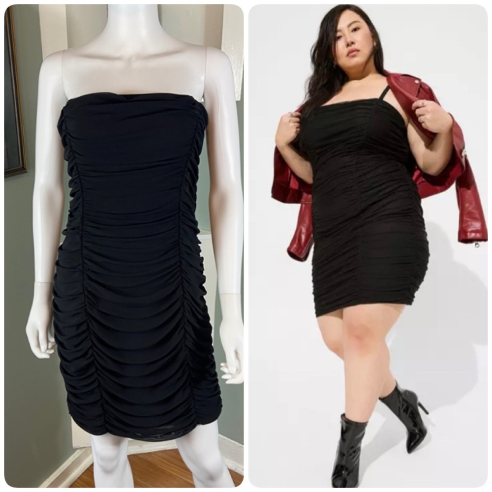 NWT New Torrid Sz 2 Black Shirred Ruched Mesh Mini Bodycon Strapless Dress 18/20